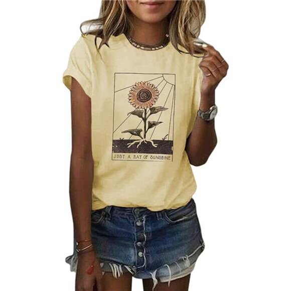 Yellow Boho Floral Graphic Print T-Shirt Cute Sunflower TShirt Tee Tops - Picture 4 of 5
